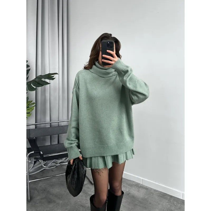 Ensemble Doux Femme Jupe Oversize et Pull Col Montant - Mode Confortable pour le Quotidien