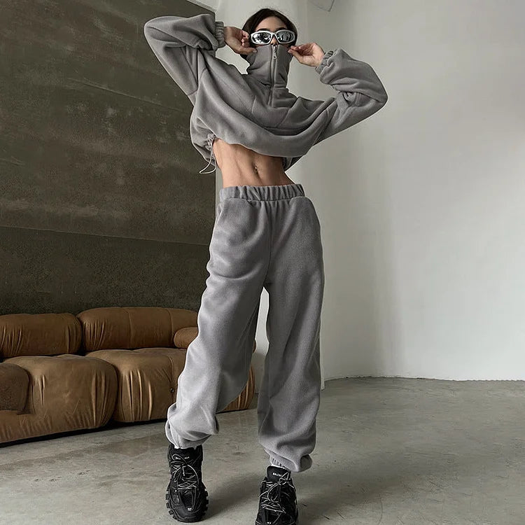 Pull à Col Zippé avec Taille Ajustable et Manches Longues pour Femme en Couleur Unie