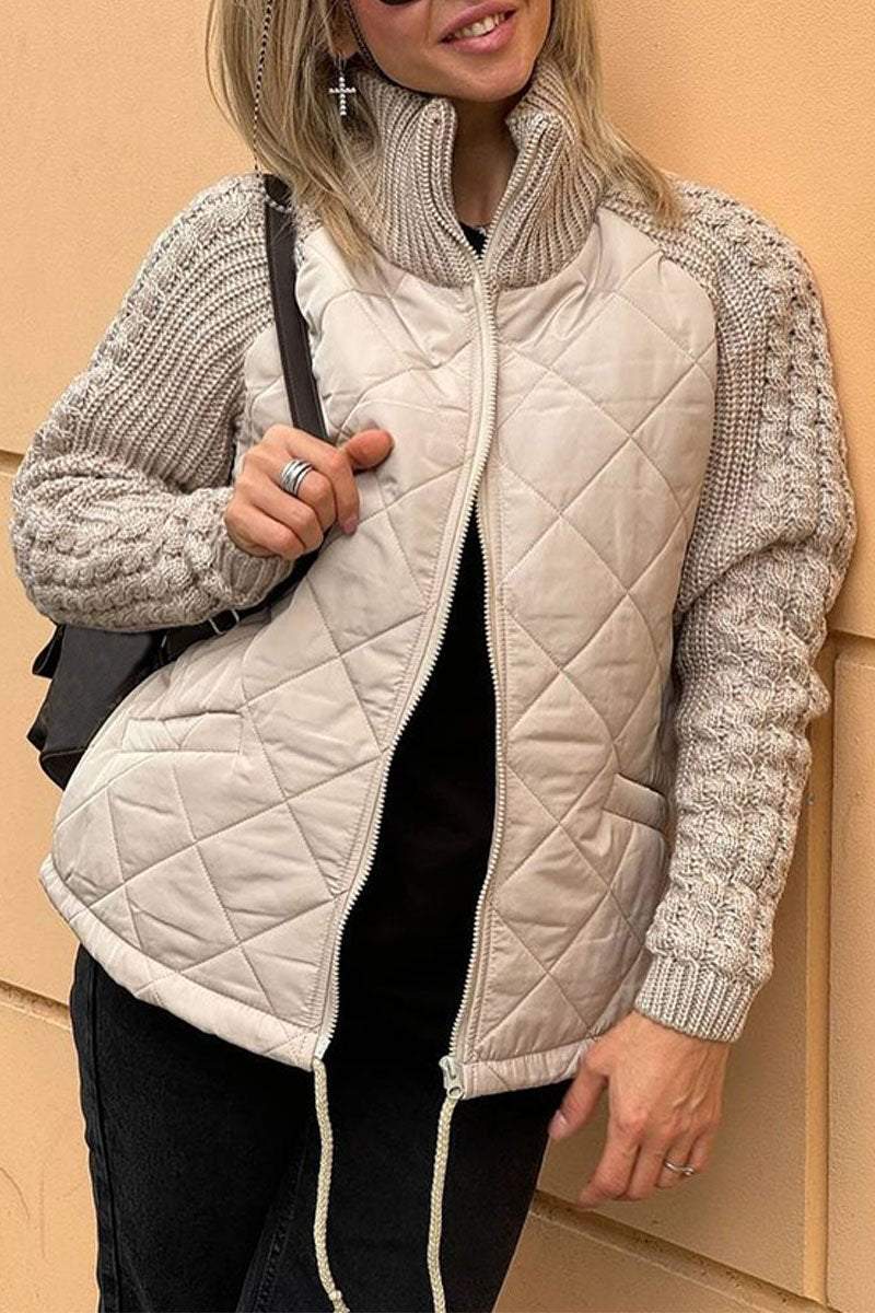 Veste Décontractée Femme en Couleur Unie avec Fermeture Éclair et Patchwork