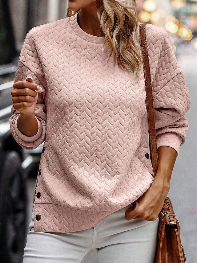Sweat-shirt à Manches Longues Femme - Pull Décontracté Rose à Col Rond en Couleur Unie