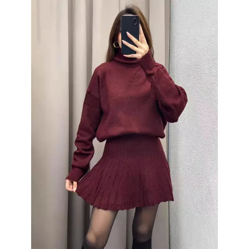 Ensemble Doux Femme Jupe Oversize et Pull Col Montant - Mode Confortable pour le Quotidien