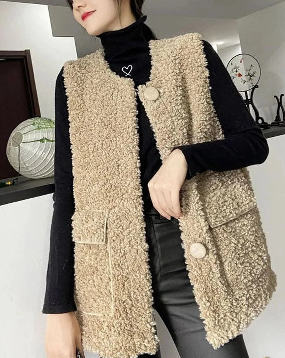 Gilet d'Hiver Kaki avec Poches et Boutons pour Femmes