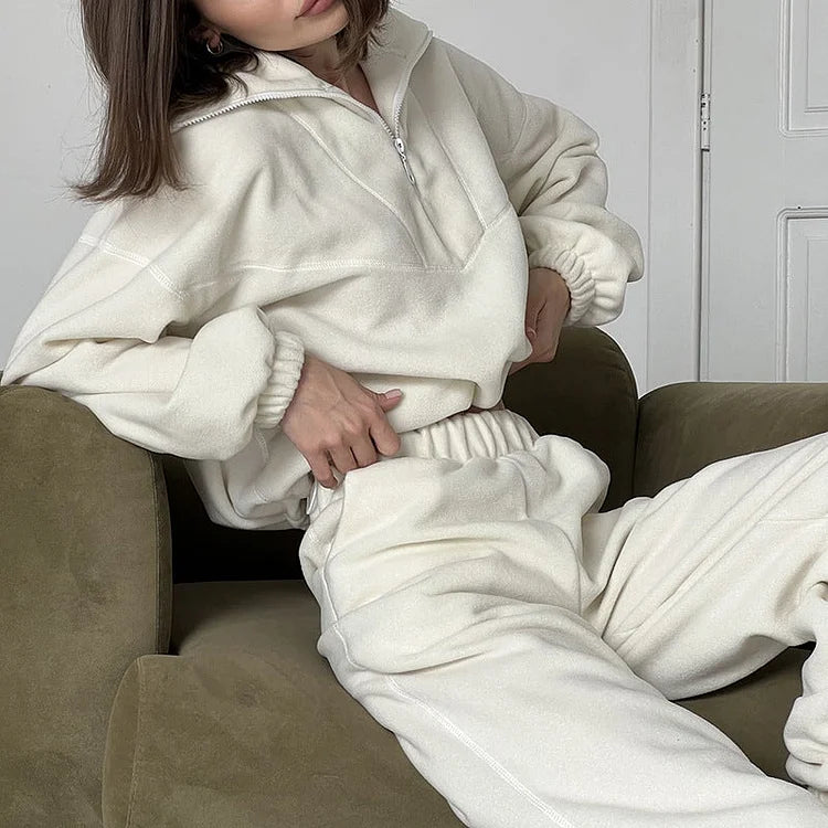 Pull à Col Zippé avec Taille Ajustable et Manches Longues pour Femme en Couleur Unie
