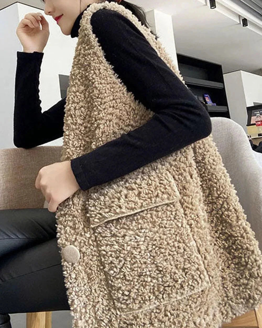 Gilet d'Hiver Kaki avec Poches et Boutons pour Femmes