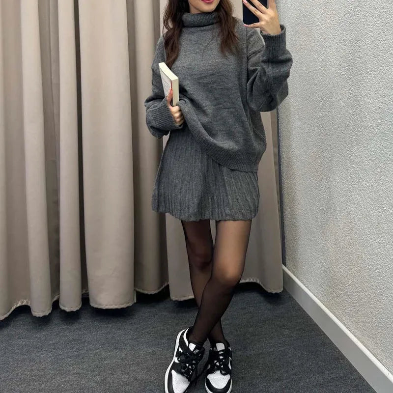 Ensemble Doux Femme Jupe Oversize et Pull Col Montant - Mode Confortable pour le Quotidien
