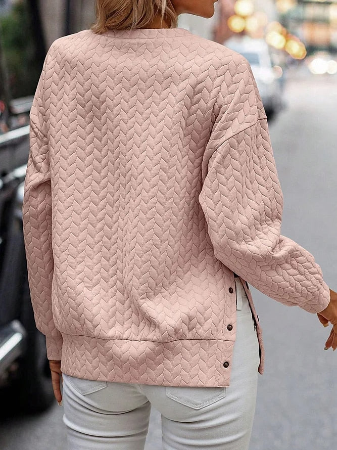 Sweat-shirt à Manches Longues Femme - Pull Décontracté Rose à Col Rond en Couleur Unie