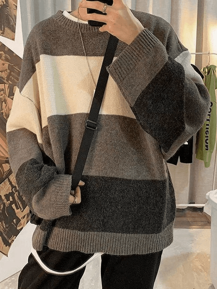 Pull Tricot à Rayures Contrastées pour Homme - Confort et Élégance en Manches Longues