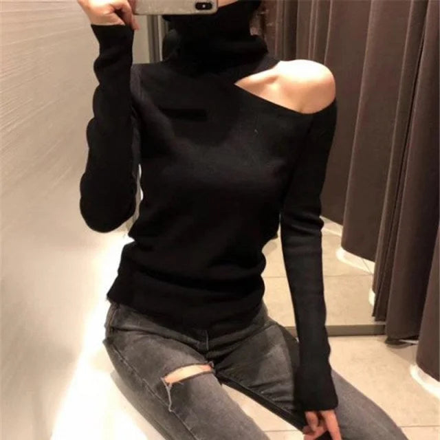Sweater Tricoté Élégant à Épaules Dégagées pour Femmes – Pull à Col Roulé à Manches Longues