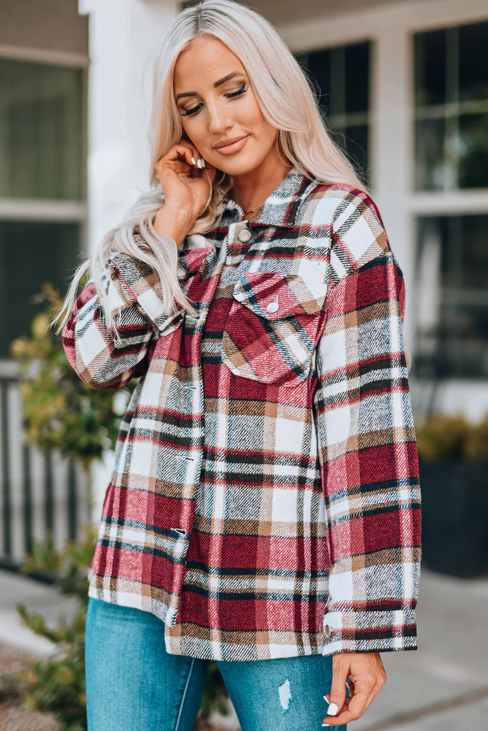 Veste Plaid Confortable avec Boutons et Poches