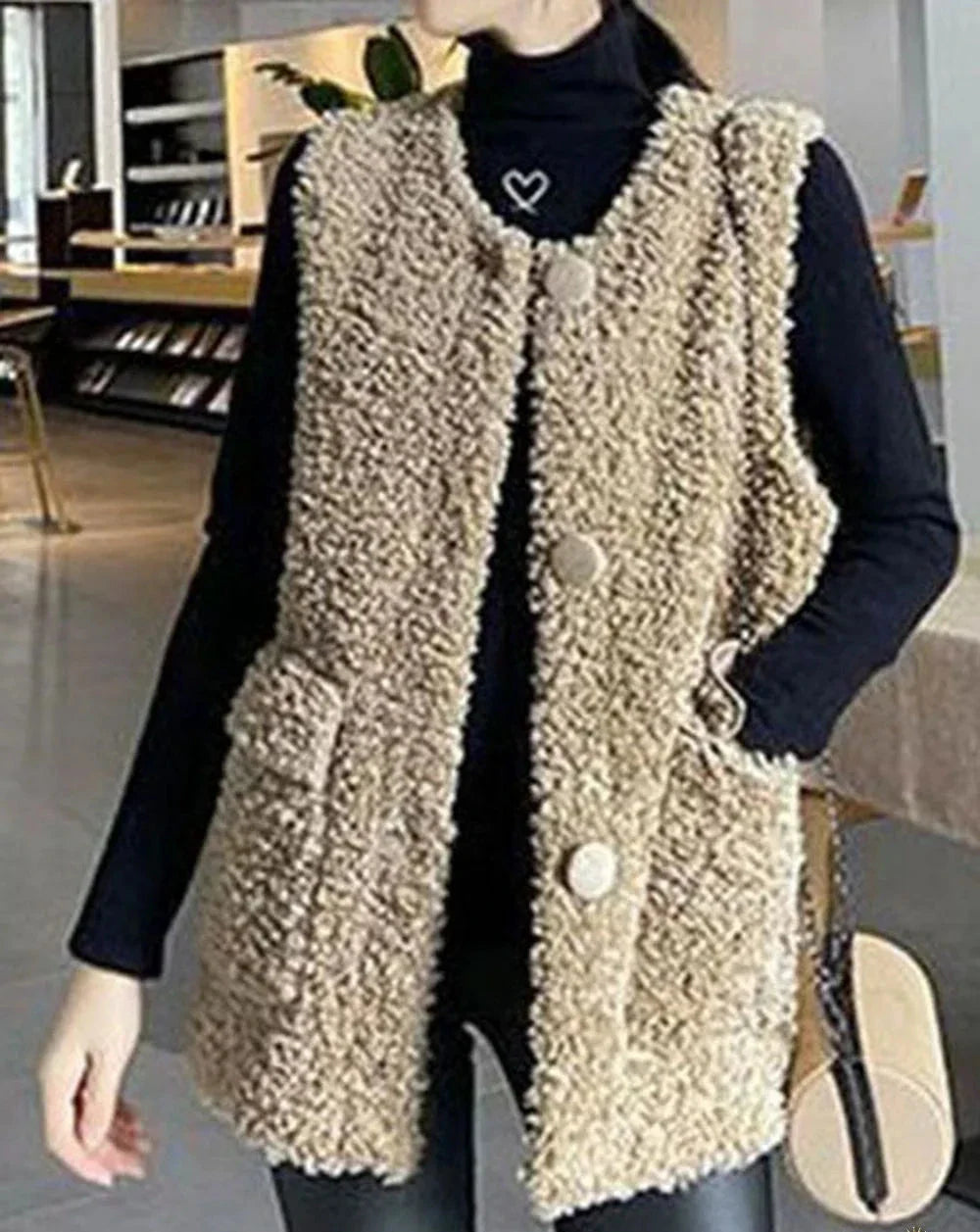 Gilet d'Hiver Kaki avec Poches et Boutons pour Femmes