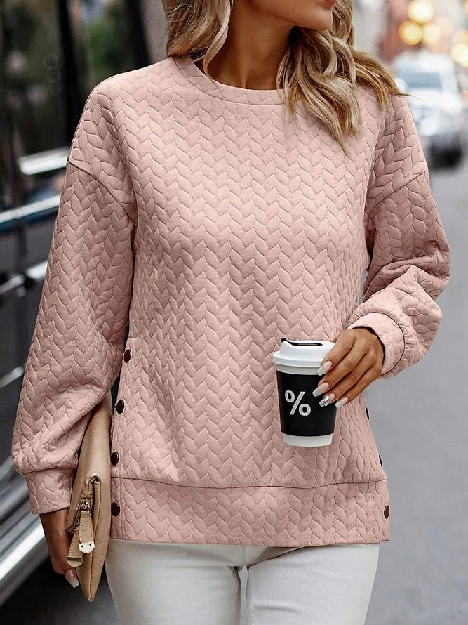 Sweat-shirt à Manches Longues Femme - Pull Décontracté Rose à Col Rond en Couleur Unie