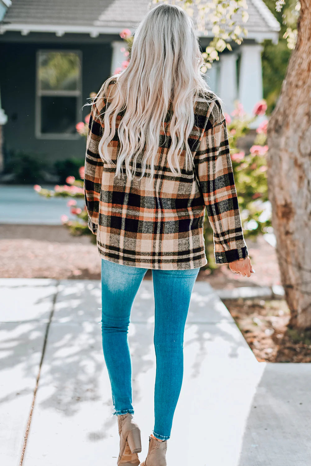 Veste Plaid Confortable avec Boutons et Poches