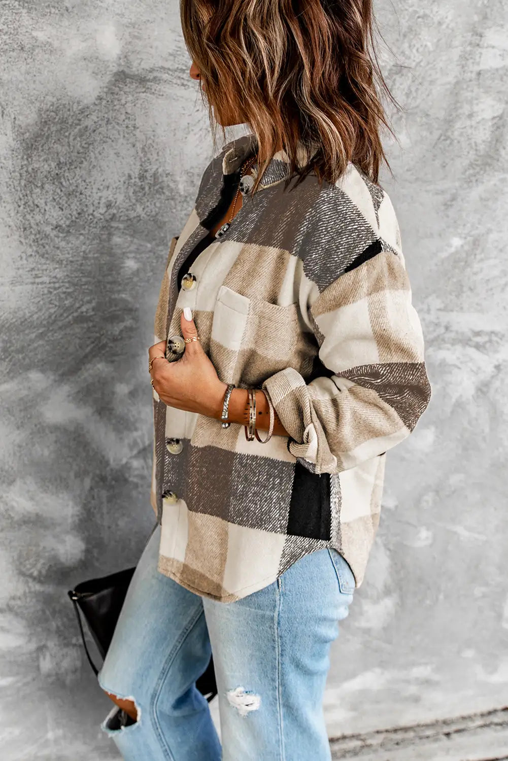 Veste à Carreaux en Bloque de Couleurs Kaki pour un Style d'Hiver Sans Effort