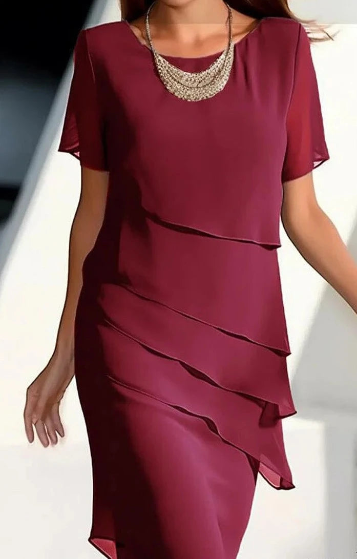 Karen - Robe à manches courtes avec encolure ronde et patch uni, élégante et douce