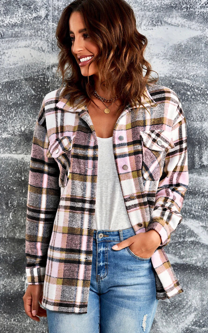 Veste Plaid Confortable avec Boutons et Poches