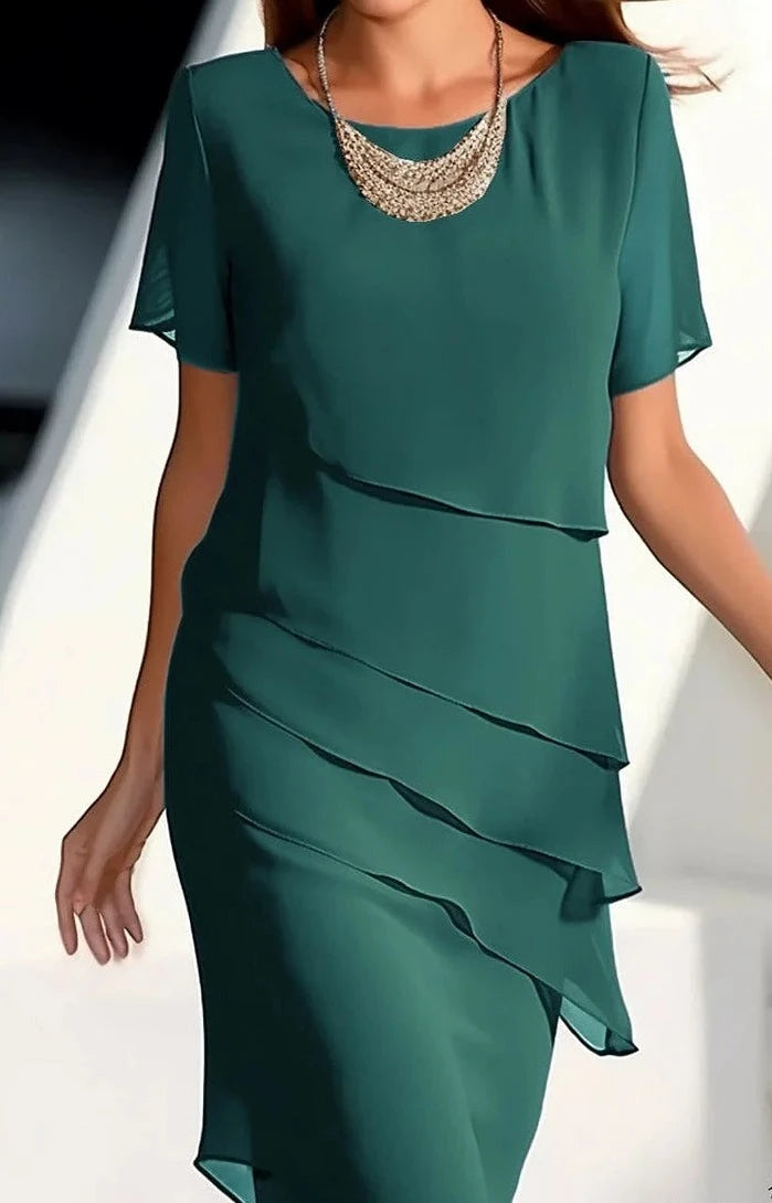 Karen - Robe à manches courtes avec encolure ronde et patch uni, élégante et douce