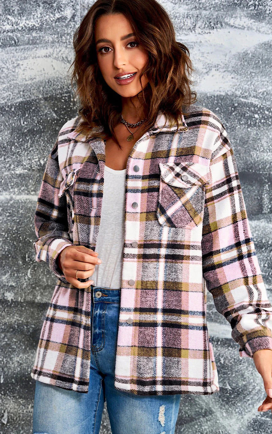 Veste Plaid Confortable avec Boutons et Poches
