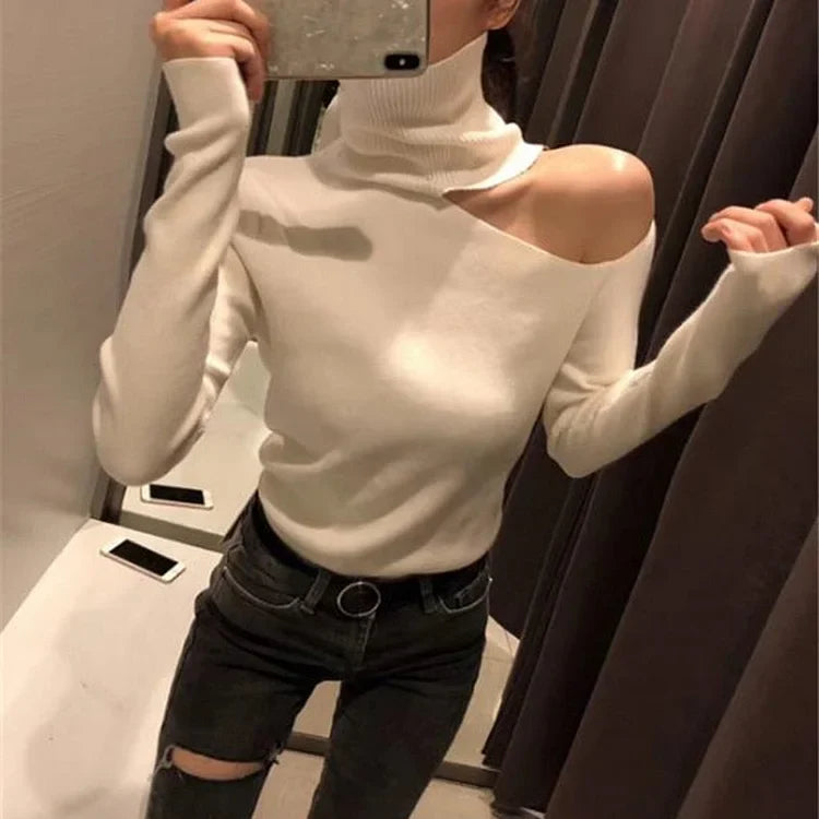 Sweater Tricoté Élégant à Épaules Dégagées pour Femmes – Pull à Col Roulé à Manches Longues