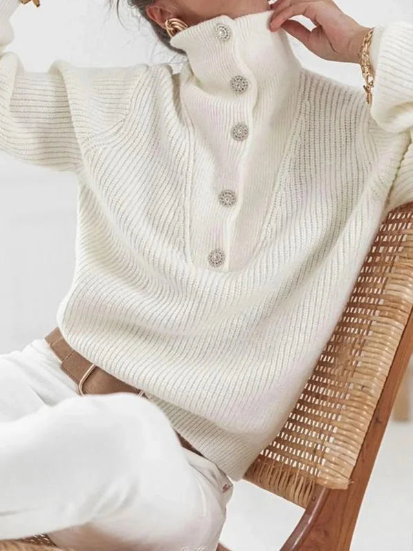 Pull à Manches Longues Boutonné avec Col Haut en Couleur Unie pour Femme - Confort et Élégance Hivernale