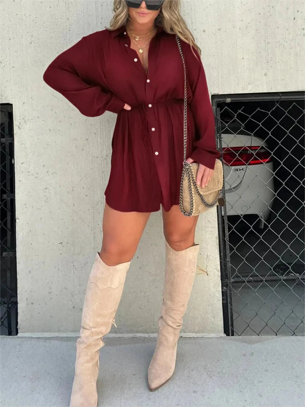 Costume chemise à manches longues de couleur unie pour femmes