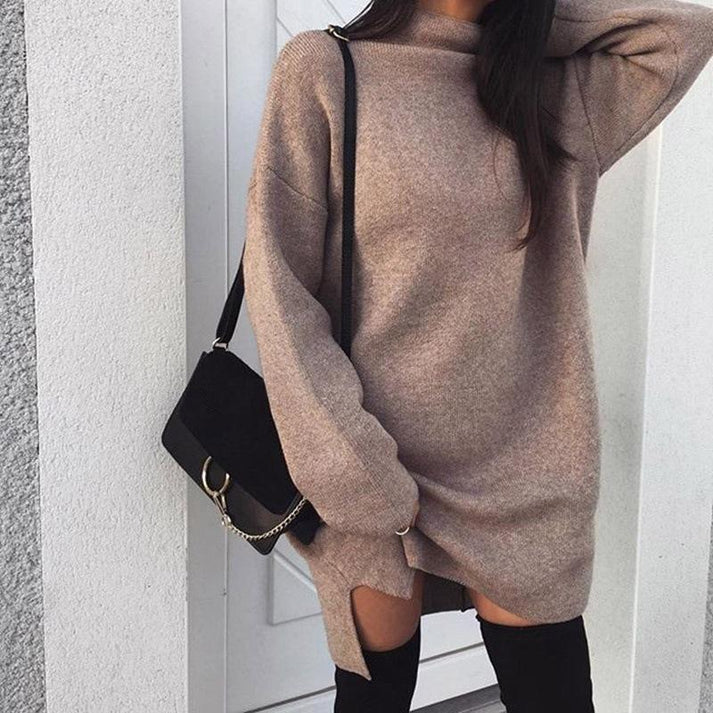 Pull Long à Col Montant avec Fentes Latérales pour Femme
