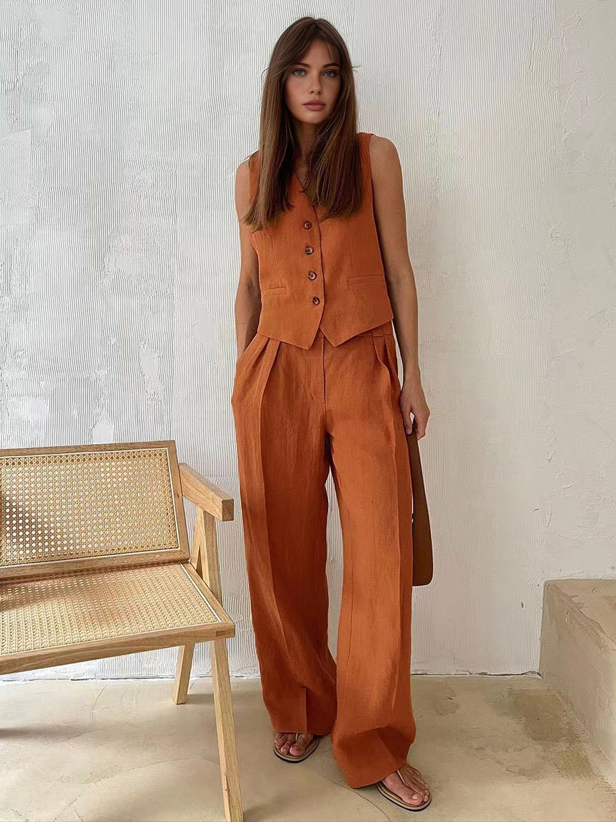 Ensemble estival chic composé d’un pantalon large et d’un gilet boutonné classique