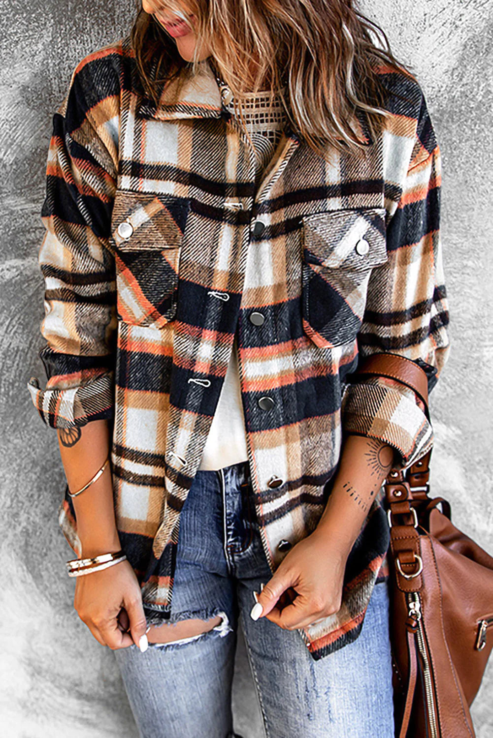 Veste Plaid Confortable avec Boutons et Poches