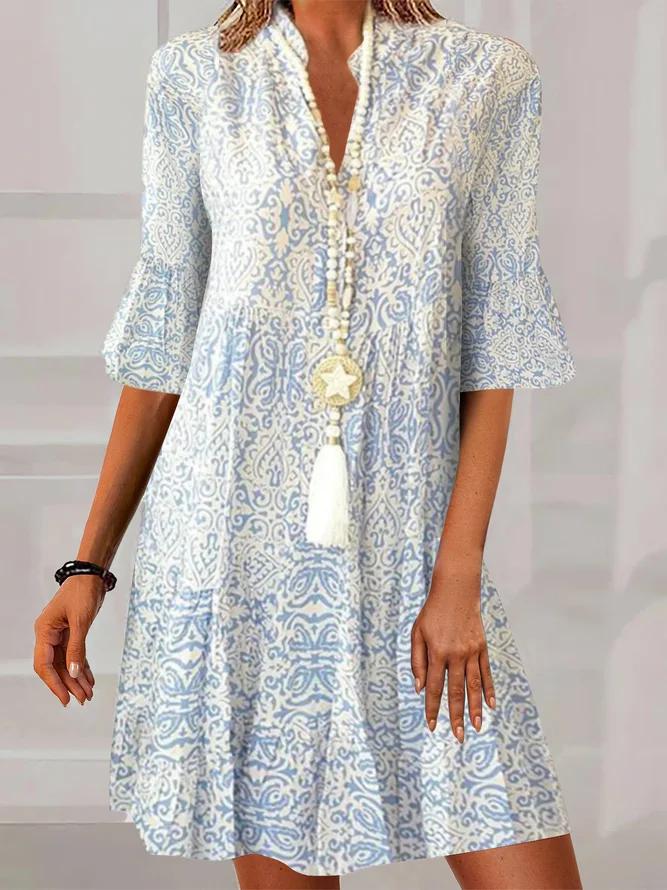 Silvia - Mini-robe à demi-manches imprimée vintage bleu vieilli blanc
