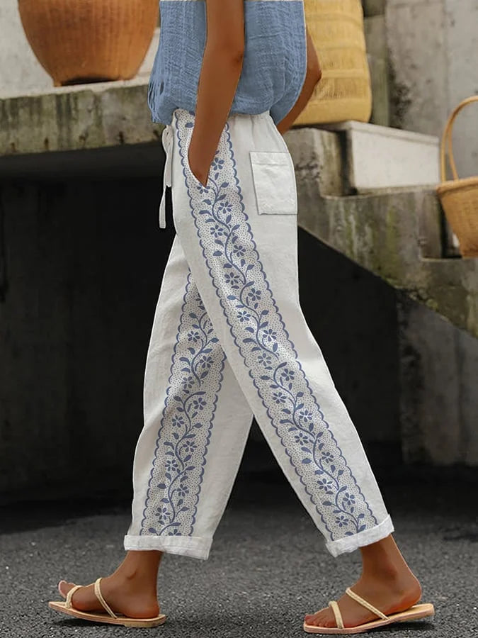 Julia - Pantalon ample décontracté à rayures, à fleurs et à lacets pour femmes