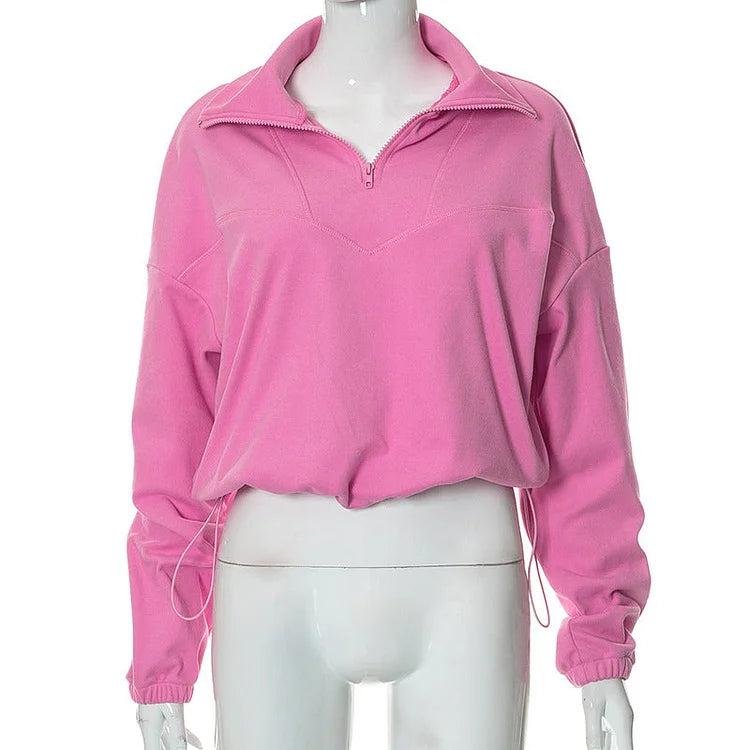 Pull à Col Zippé avec Taille Ajustable et Manches Longues pour Femme en Couleur Unie