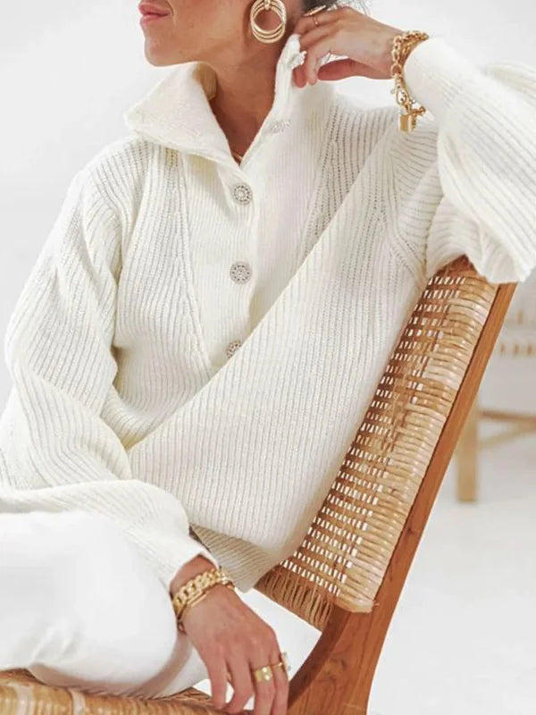 Pull à Manches Longues Boutonné avec Col Haut en Couleur Unie pour Femme - Confort et Élégance Hivernale