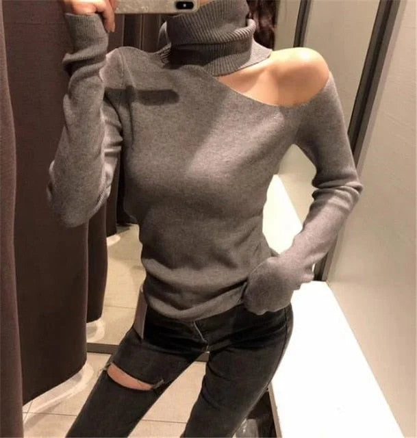 Sweater Tricoté Élégant à Épaules Dégagées pour Femmes – Pull à Col Roulé à Manches Longues