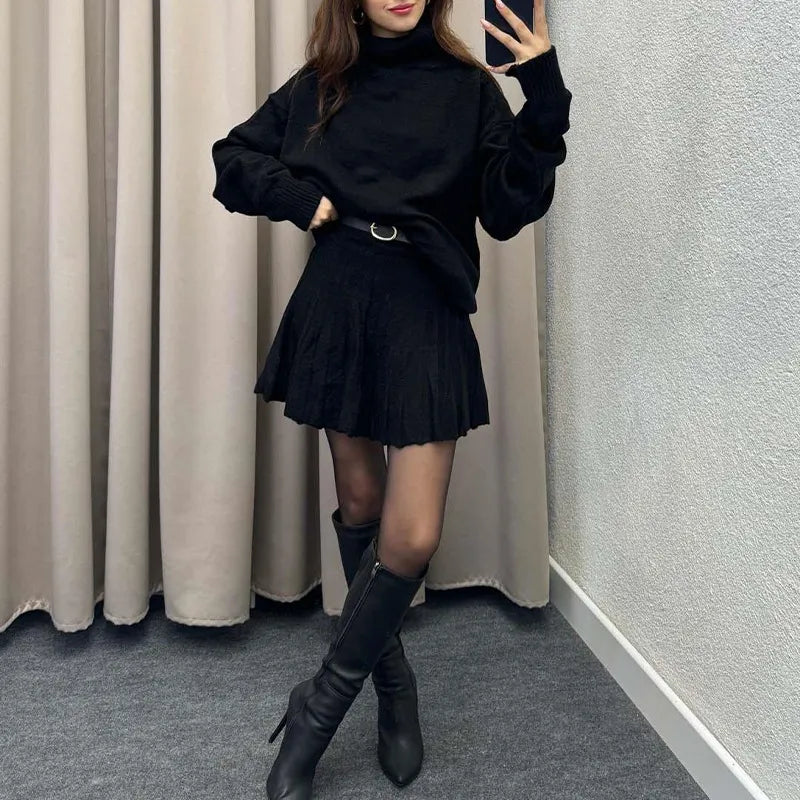 Ensemble Doux Femme Jupe Oversize et Pull Col Montant - Mode Confortable pour le Quotidien