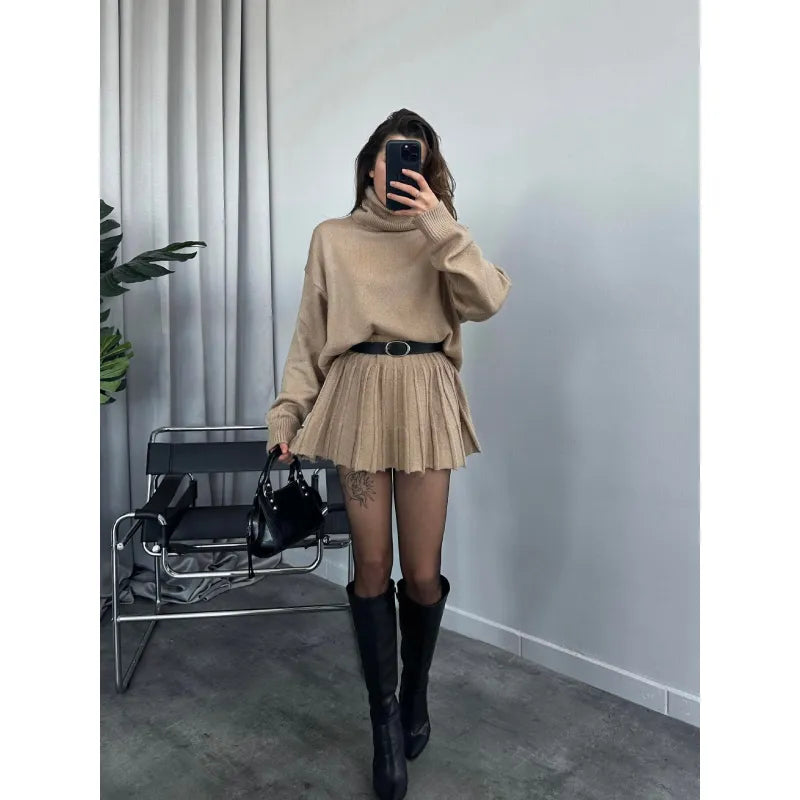 Ensemble Doux Femme Jupe Oversize et Pull Col Montant - Mode Confortable pour le Quotidien