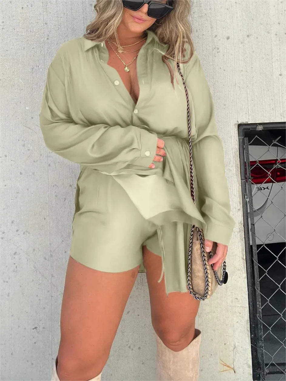 Costume chemise à manches longues de couleur unie pour femmes