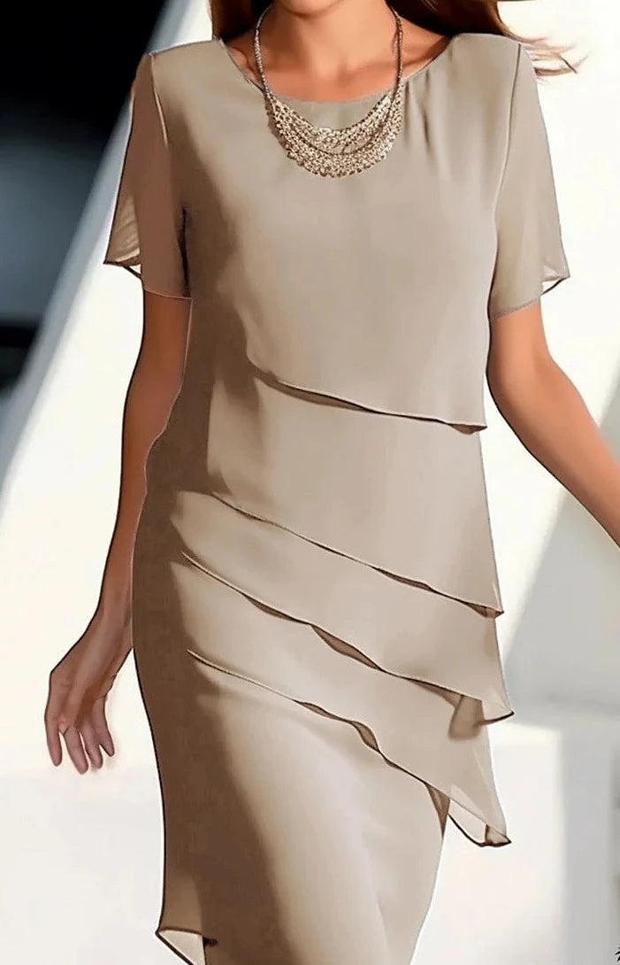 Karen - Robe à manches courtes avec encolure ronde et patch uni, élégante et douce