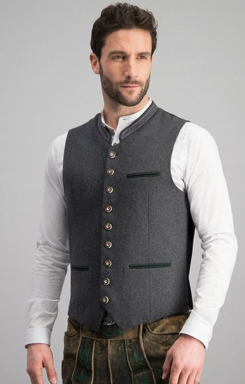 Gilet Traditionnel Homme En Laine Gris - Style Alpin, Col Brodé, Pour Fête De La Bière, Loisirs