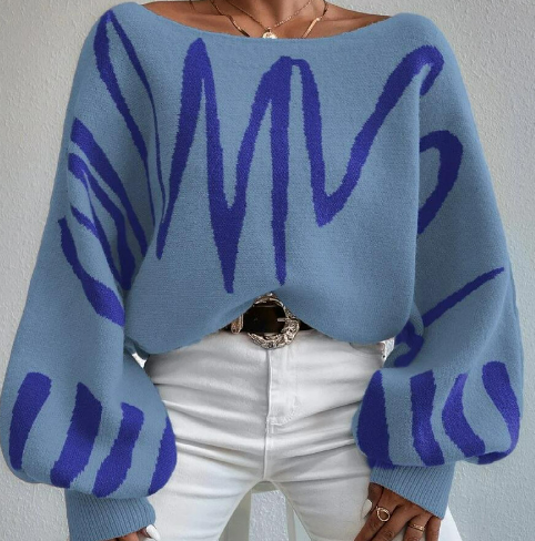 Pull Chic à Manches Bouffantes et Col Bateau avec Rayures Abstraites pour Mode Urbaine