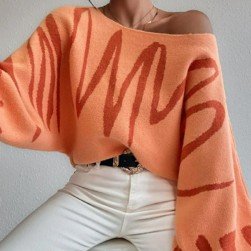 Pull Chic à Manches Bouffantes et Col Bateau avec Rayures Abstraites pour Mode Urbaine
