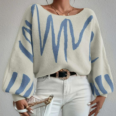 Pull Chic à Manches Bouffantes et Col Bateau avec Rayures Abstraites pour Mode Urbaine