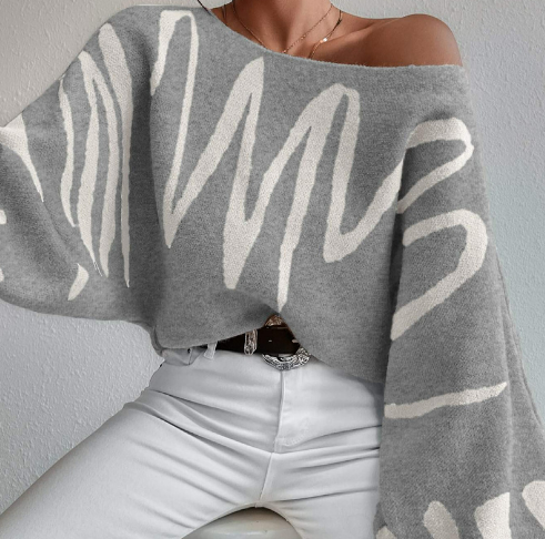 Pull Chic à Manches Bouffantes et Col Bateau avec Rayures Abstraites pour Mode Urbaine
