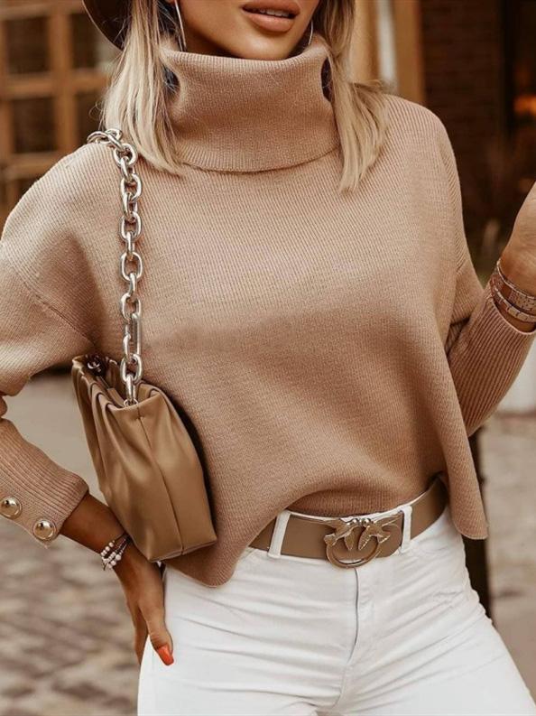 Pull à Col Montant Uni avec Boutons et Manches Longues pour Femmes de Camille
