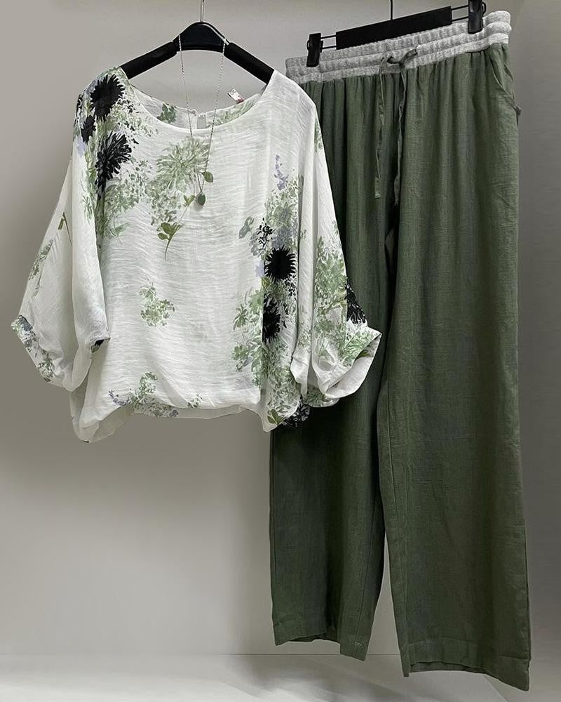 Ensemble deux pièces casual femme coton et lin imprimé fleuri