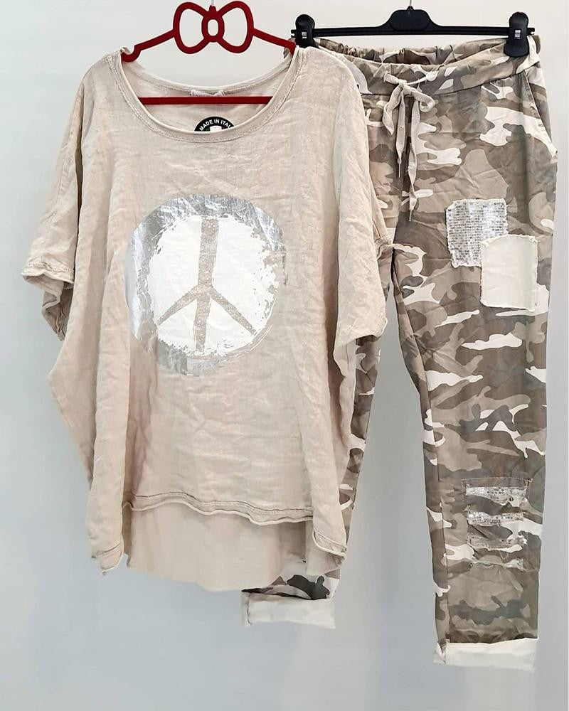 Costume deux pièces décontracté à imprimé camouflage pour femme