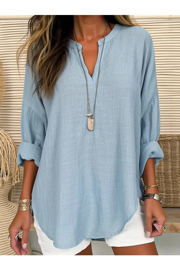 Luli - Blue Casual V Neck Solid Long Sleeve Blouse