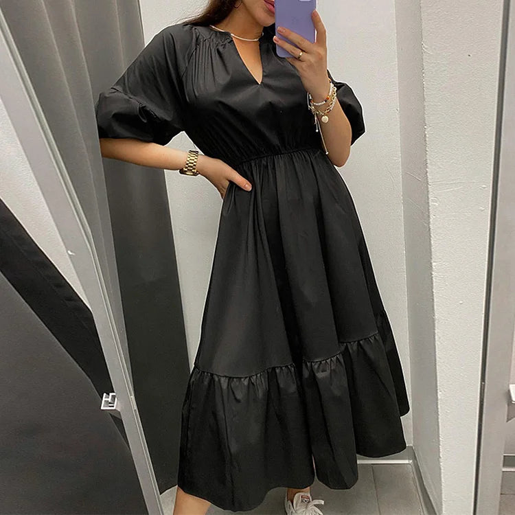 Casandra - Robe longue décontractée à manches bouffantes et unicolore