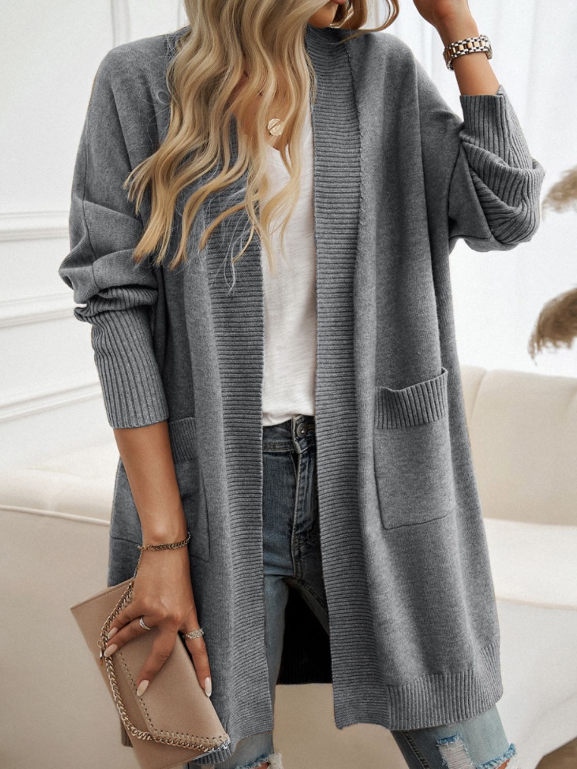 Cardigan Long à Manches Longues Ouvert - Vêtement Chic et Confortable pour Toutes les Occasions