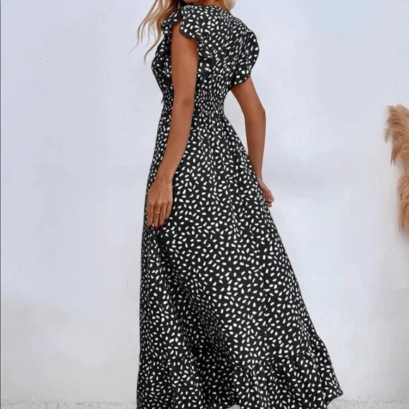 Julia - Maxi-robe à volants à pois et taille froncée