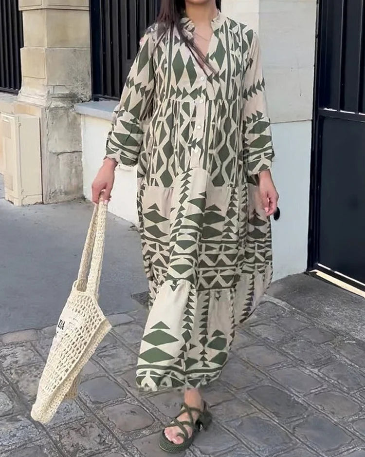 Karla - Robe décontractée à la mode avec col en V et manches longues imprimées