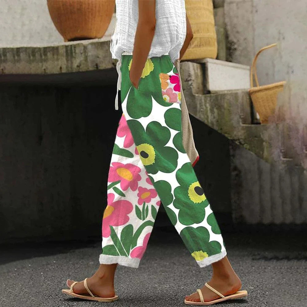 Pamela - Pantalon vert à l'imprimé floral frais